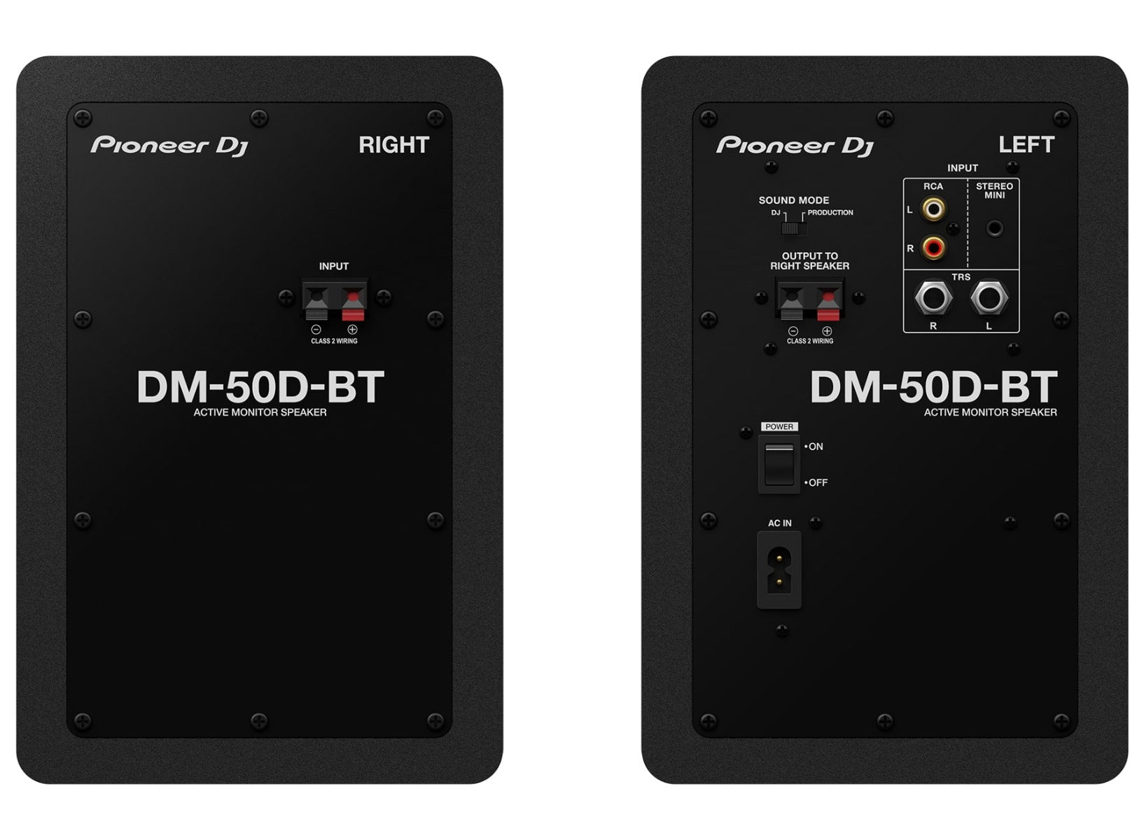 Rear view of Pioneer DJ DM-50D-BT desktop speakers showing connection ports and back panel features.