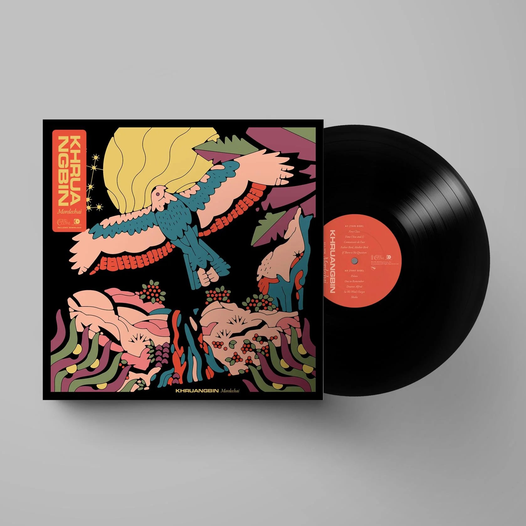 Black vinyl LP of Khruangbin's Mordechai by Dead Oceans featuring the album cover art, with the record sleeve visible.