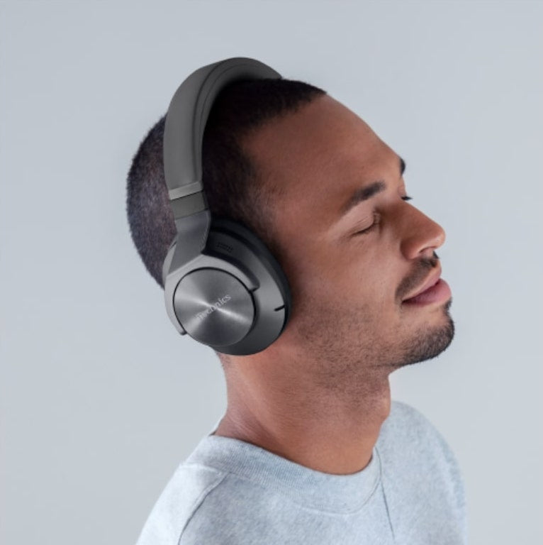 Technics EAH-A800 wireless headphones with sleek design and cushioned ear cups, showing the over-ear style and black finish.