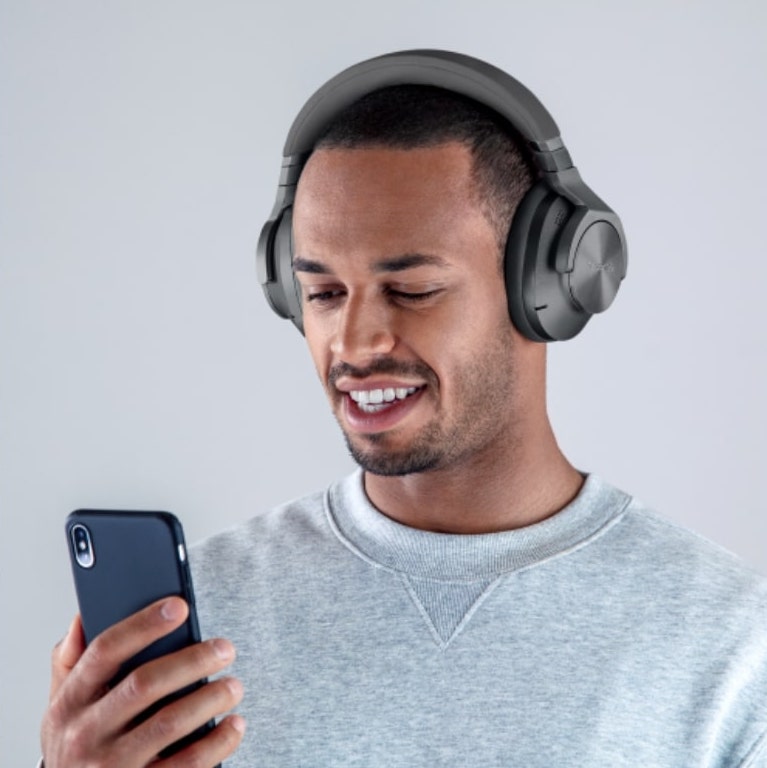 Technics EAH-A800 wireless headphones with sleek design, over-ear fit, and comfortable ear cushions, shown in black color.