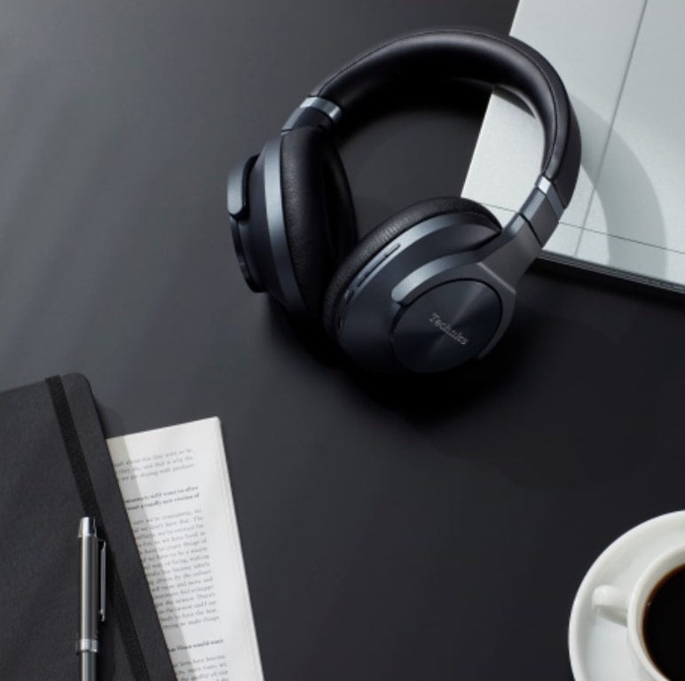 Technics EAH-A800 wireless headphones with sleek black design, over-ear fit, and cushioned ear cups for comfortable listening.
