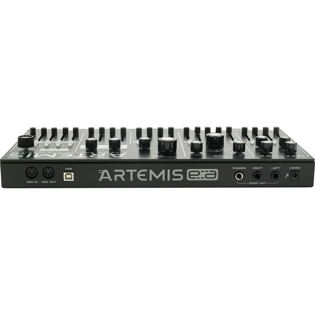Dreadbox Artemis synthesizer with colorful knobs and controls, featuring a compact design for music production.