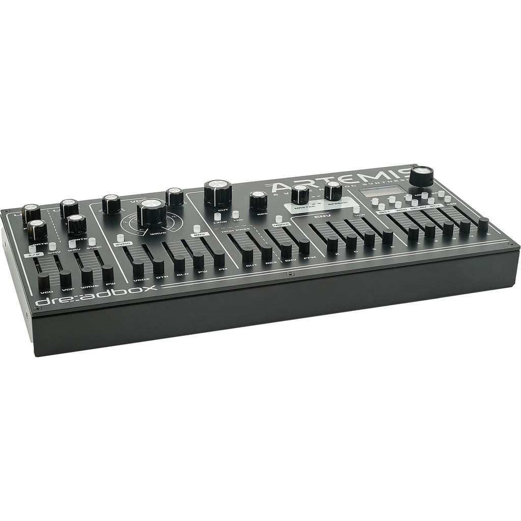 Dreadbox Artemis synthesizer front top left view showing control knobs and interface in a sleek black design.
