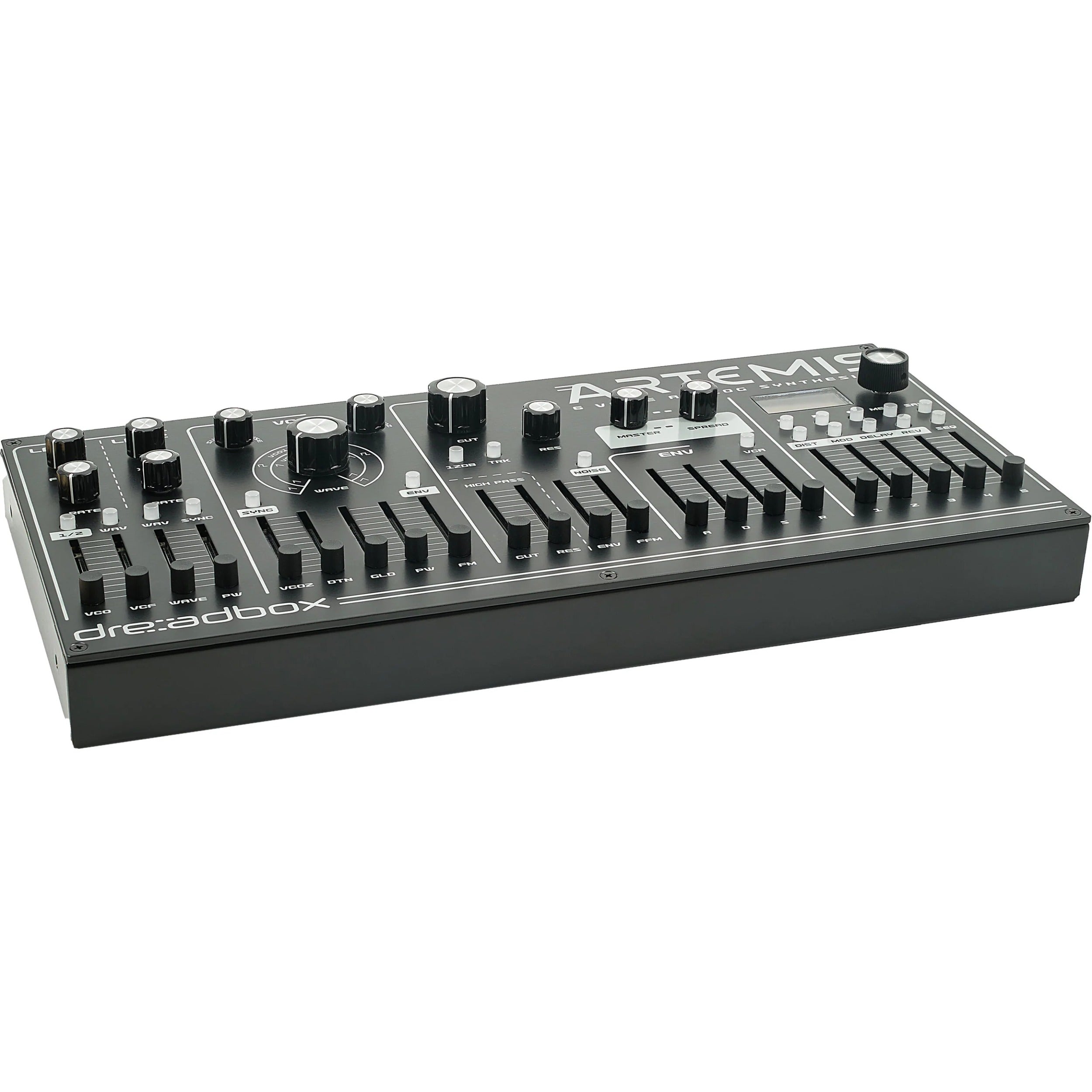 Dreadbox Artemis synthesizer front top left view showing control knobs and interface in a sleek black design.