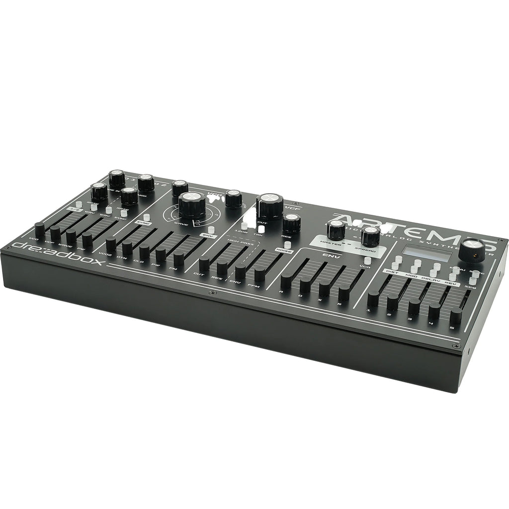 Dreadbox Artemis synthesizer top front right view showing knobs, keys, and control panel in a sleek black design.
