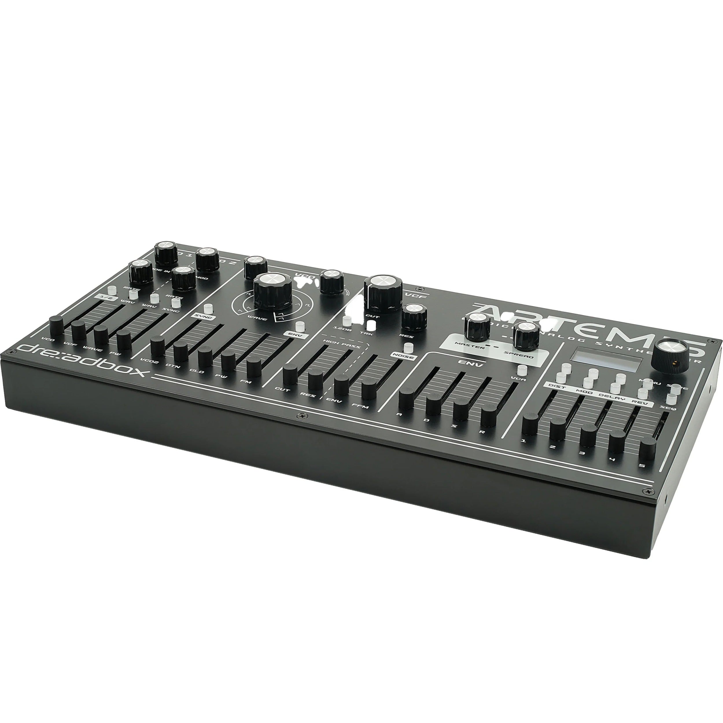 Dreadbox Artemis synthesizer top front right view showing knobs, keys, and control panel in a sleek black design.