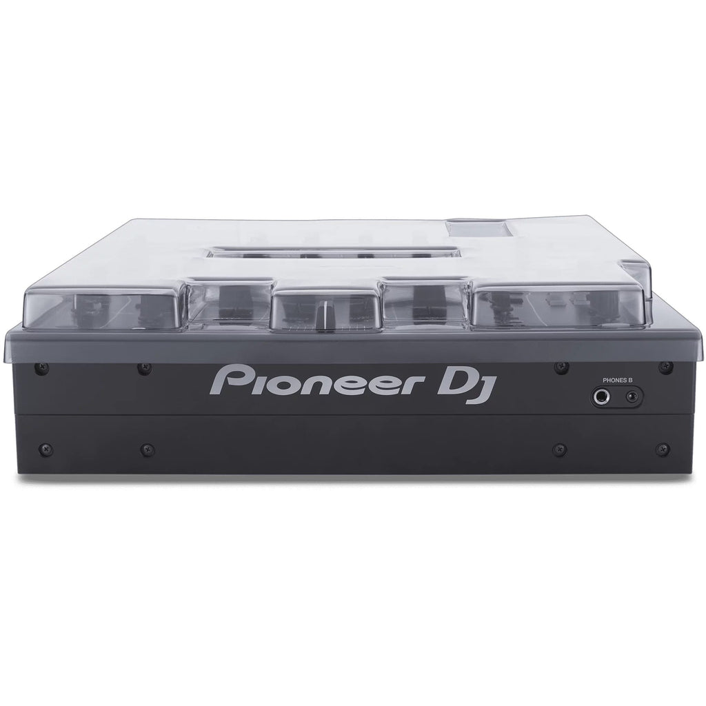 Decksaver Pioneer DJM-A9 cover for DJ mixer, clear protective plastic case, designed by Decksaver for DJ equipment protection.
