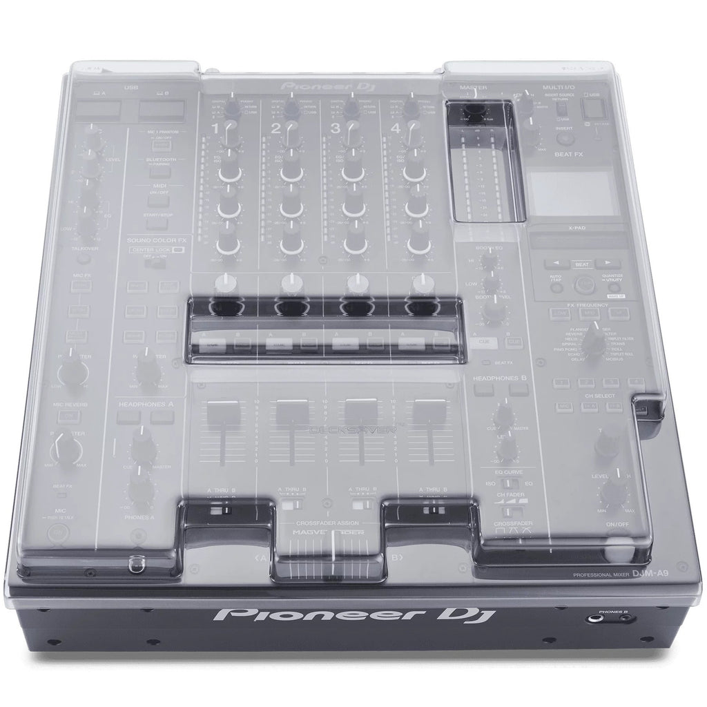 Decksaver Pioneer DJM-A9 cover protecting DJ mixer from dust and spills, made of durable, clear plastic for secure fit and easy access.