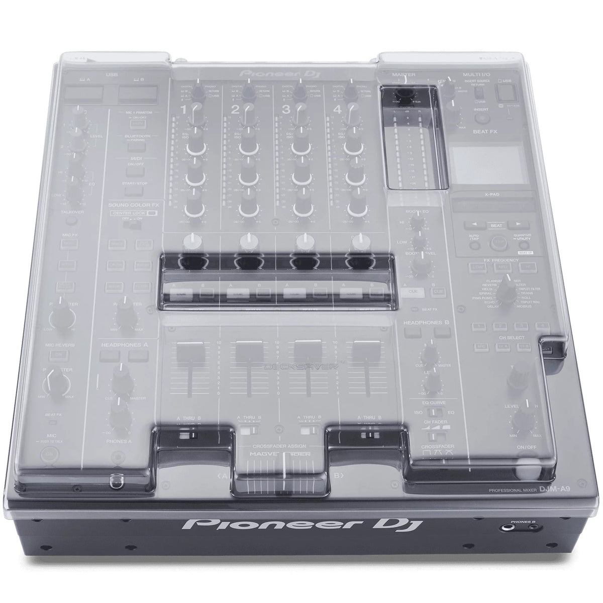 Decksaver Pioneer DJM-A9 cover protecting DJ mixer from dust and spills, made of durable, clear plastic for secure fit and easy access.