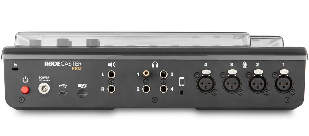 Decksaver Rode Rodecaster Pro cover protecting the back of the audio mixer, made by Decksaver for device durability and safety.