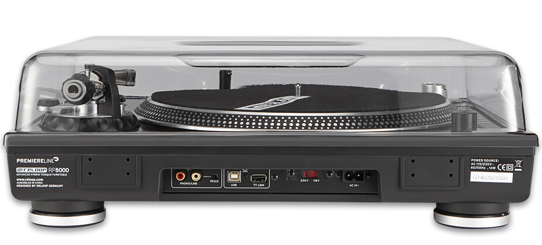 Decksaver Reloop turntable cover for DJ turntables, clear protective plastic cover showing back side with branding and ventilation openings.
