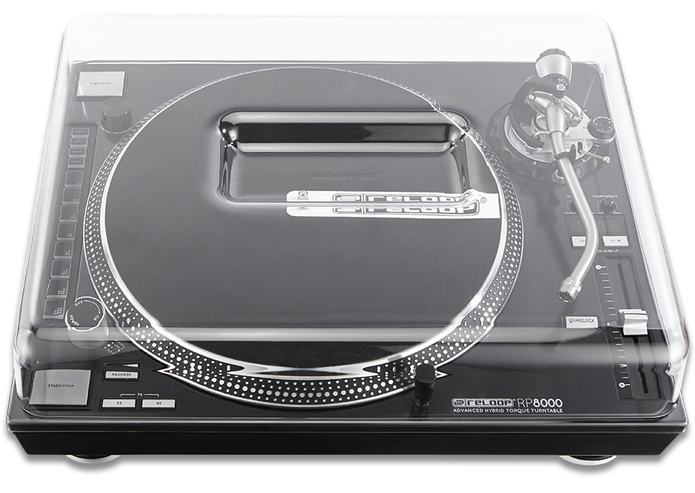 Decksaver Reloop turntable cover for DJ equipment, clear protective plastic cover with snug fit and durable design.