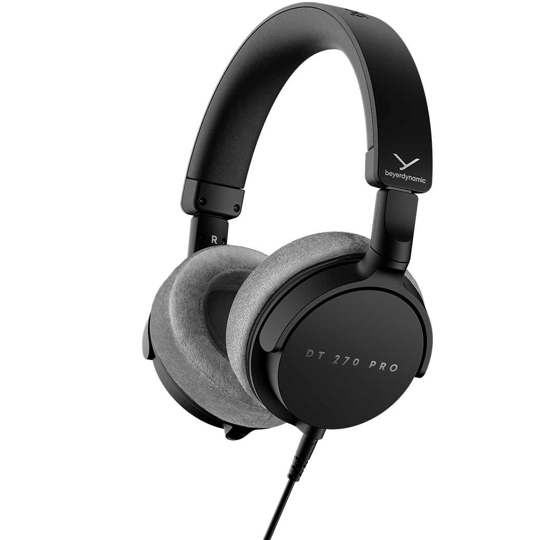 Beyerdynamic DT 270 Pro studio headphones with over-ear design and adjustable headband, shown from a side perspective.