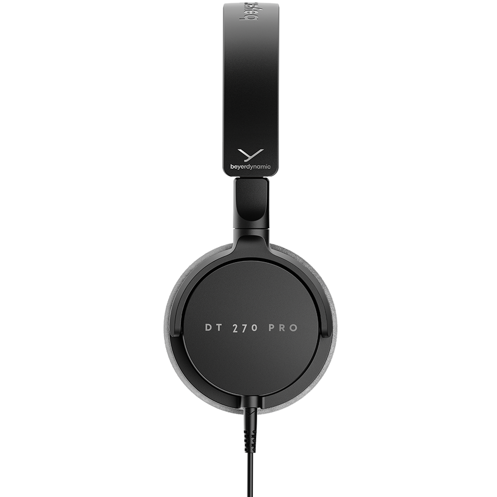 Beyerdynamic DT 270 Pro studio headphones with over-ear design and adjustable headband, shown from side view.