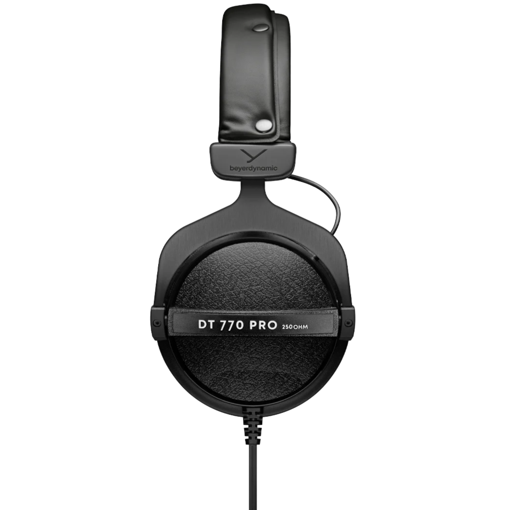 Beyerdynamic DT 770 Pro 250 Ω studio headphones with over-ear design and adjustable headband, shown from side view.