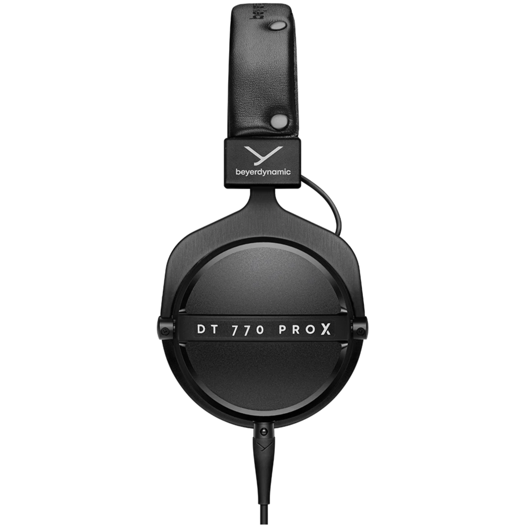 Beyerdynamic DT 770 Pro X studio headphones with over-ear design and cushioned ear cups, shown from the front in the image.