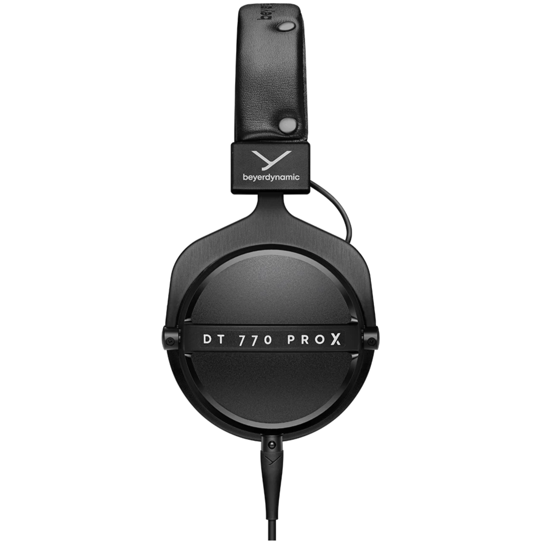 Beyerdynamic DT 770 Pro X studio headphones with over-ear design and cushioned ear cups, shown from the front in the image.
