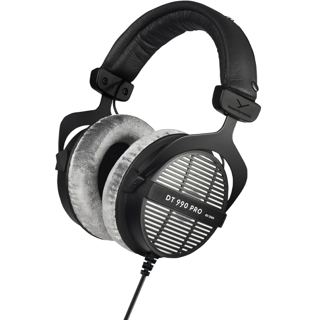 Beyerdynamic DT 990 Pro studio headphones in black with over-ear design and open-back ear cups, featuring adjustable headband.