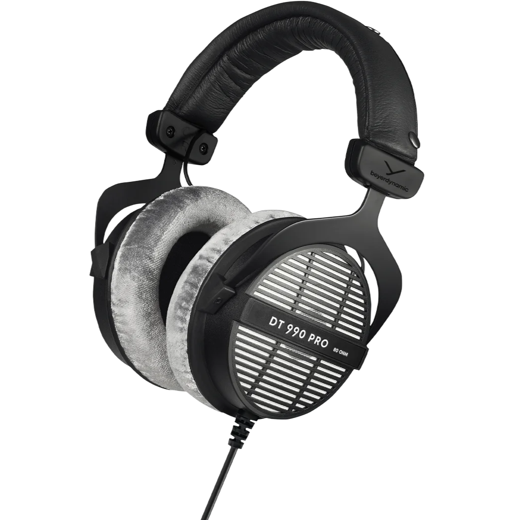 Beyerdynamic DT 990 Pro studio headphones in black with over-ear design and open-back ear cups, featuring adjustable headband.