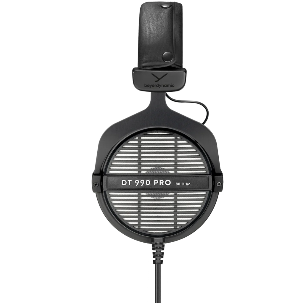 Beyerdynamic DT 990 Pro studio headphones in black with over-ear design and adjustable headband for professional audio monitoring.