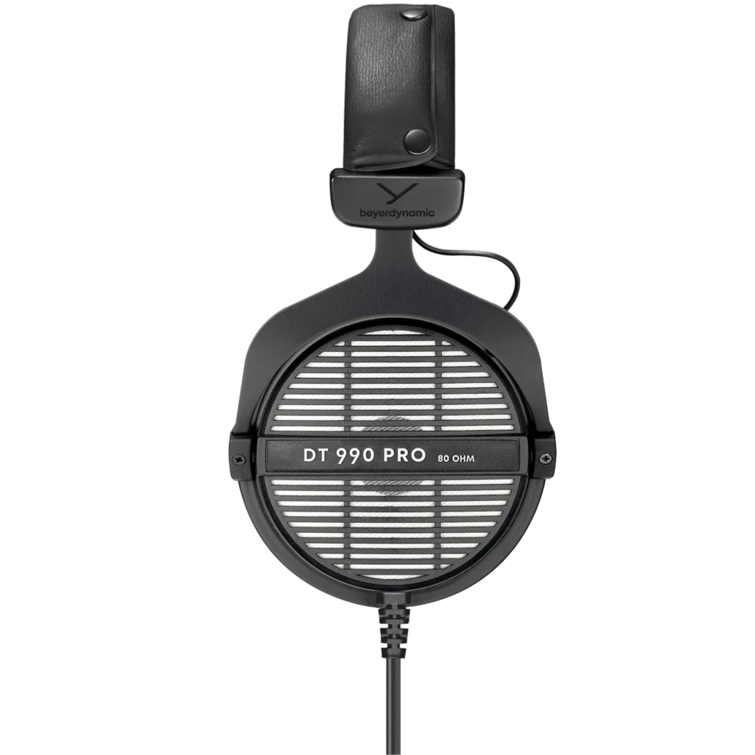 Beyerdynamic DT 990 Pro studio headphones in black with over-ear design and adjustable headband for professional audio monitoring.