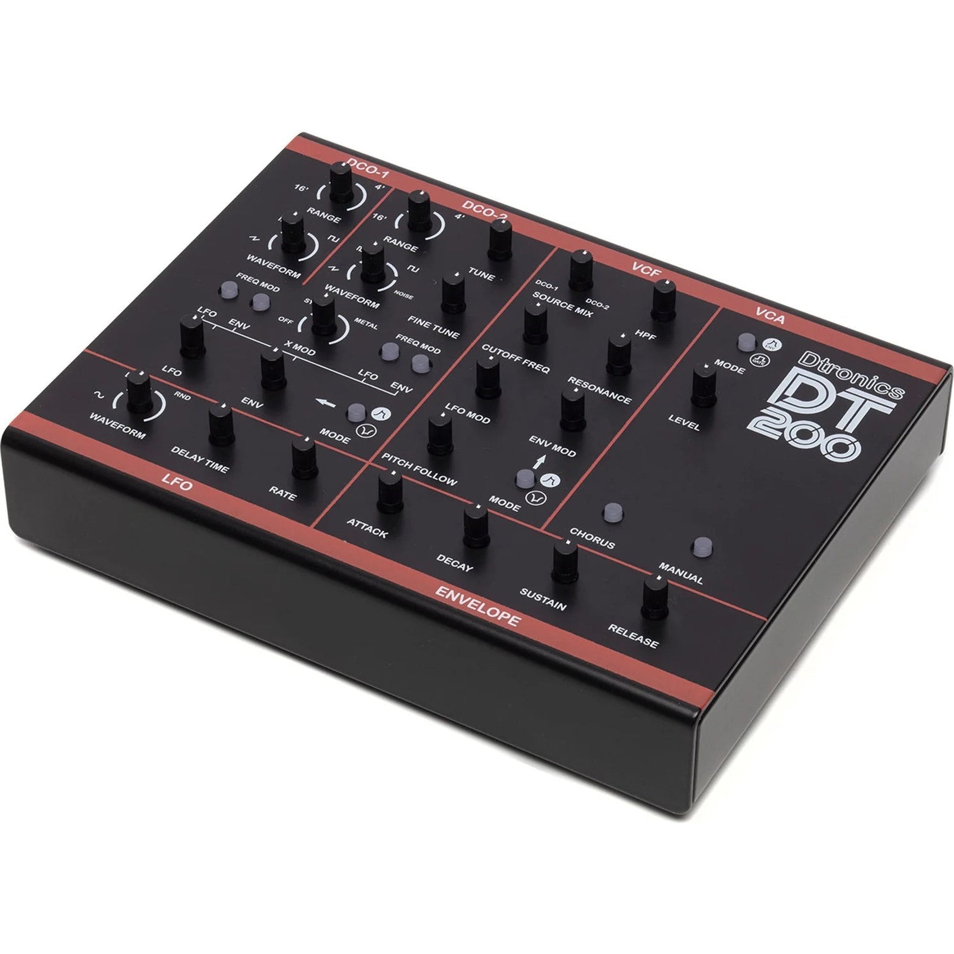 Dtronics DT-200 V3 synthesizer with knobs, buttons, and display, showcasing its compact, professional electronic music instrument.