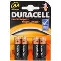 Duracell AA LR6 Alkaline Basic batteries, 4-pack, standard size, with silver and copper-colored tops, for everyday electronic devices.