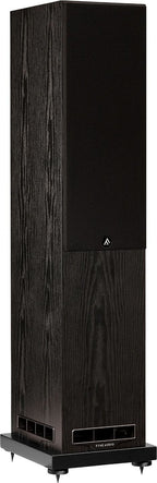 Fyne Audio F501E passive floorstanding speakers with wood grain finish and sleek design, showcasing their tall, elegant structure.