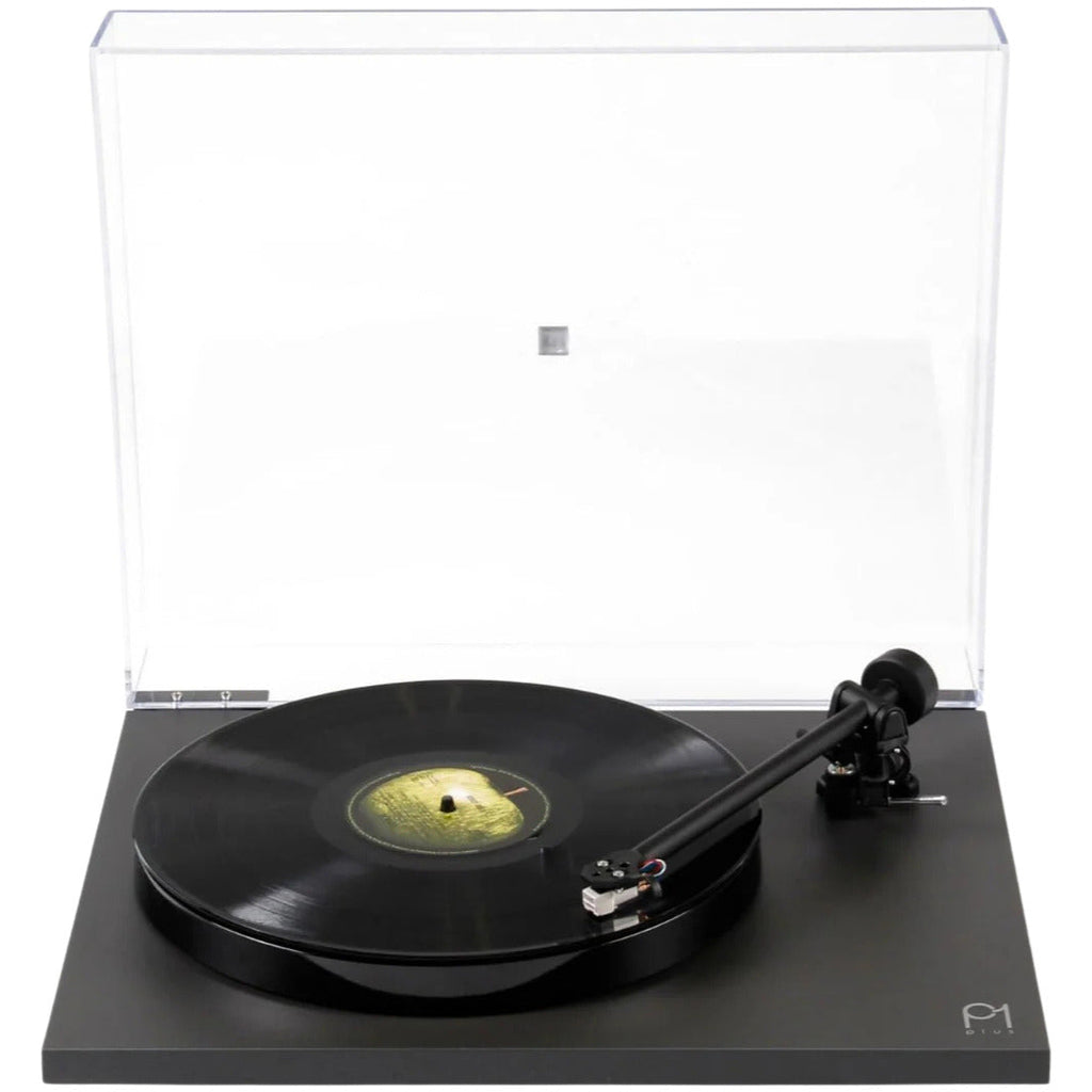 Rega Planar 1 Plus turntable with wooden plinth and tonearm, close-up view highlighting the classic audio equipment design.