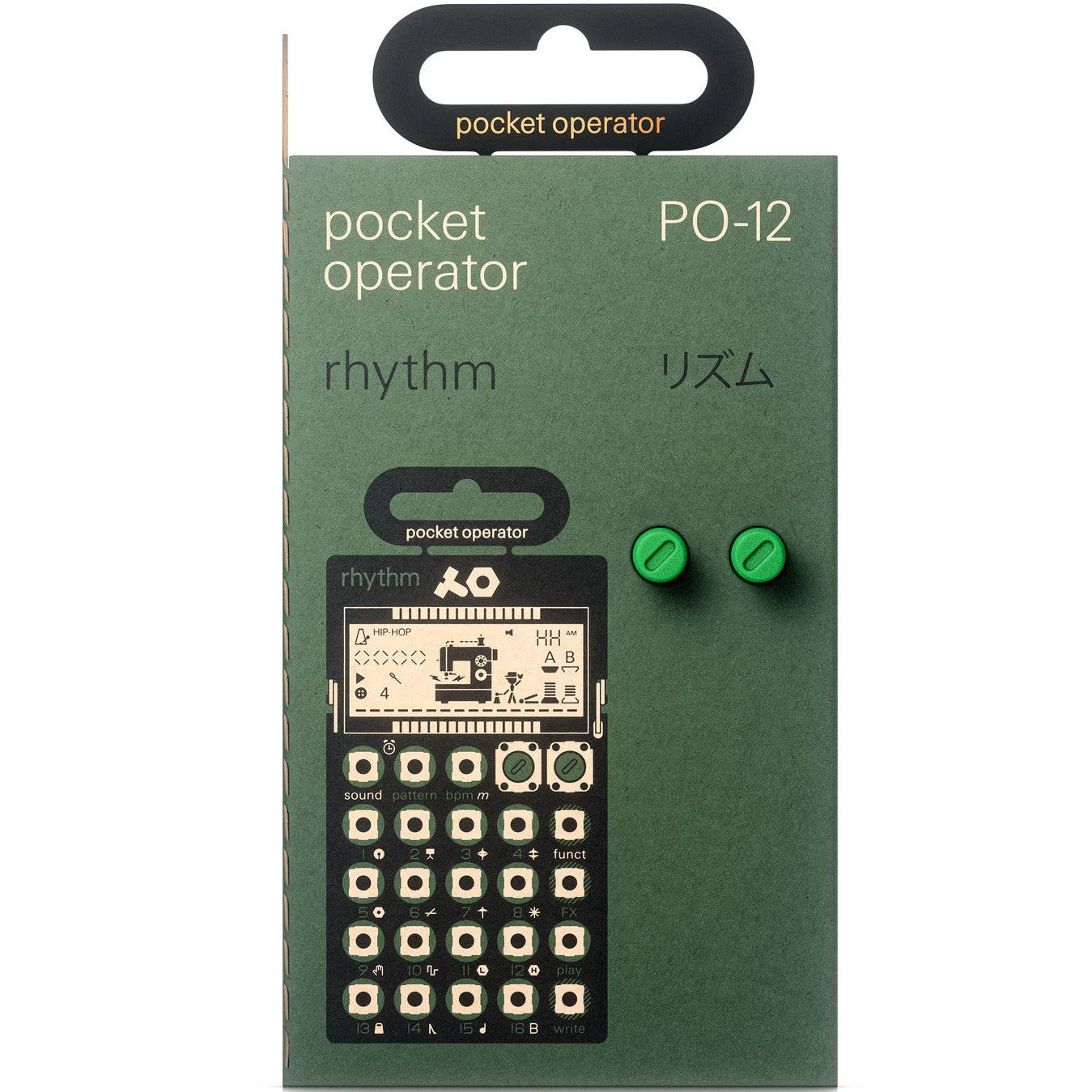 Teenage Engineering PO-12 Rhythm drum machine with colorful pads and control knobs, compact electronic sampler for music production.