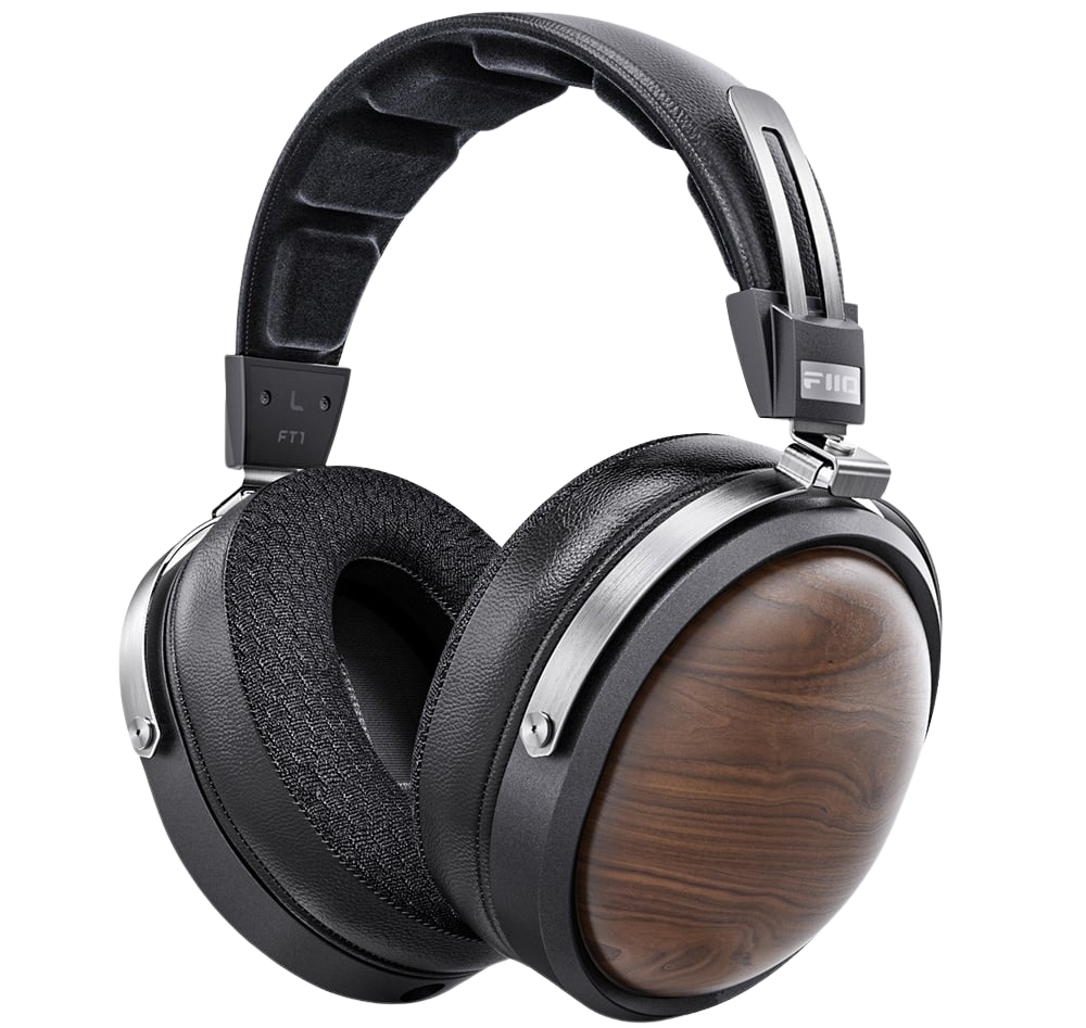 FiiO FT1 wired headphones with over-ear design, black and silver finish, and cushioned ear cups for comfortable listening.
