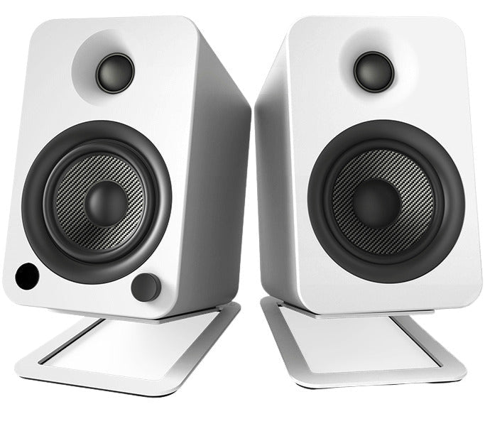 Kanto Audio S4 desktop speaker stands with black metal frames and adjustable height for optimal audio positioning.