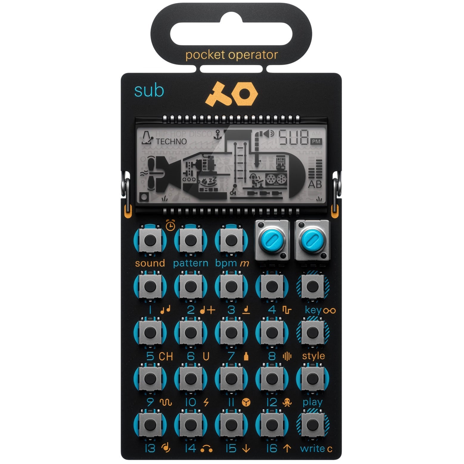 Teenage Engineering PO-14 Sub portable synthesizer gadget with colorful drum pad interface and compact design.