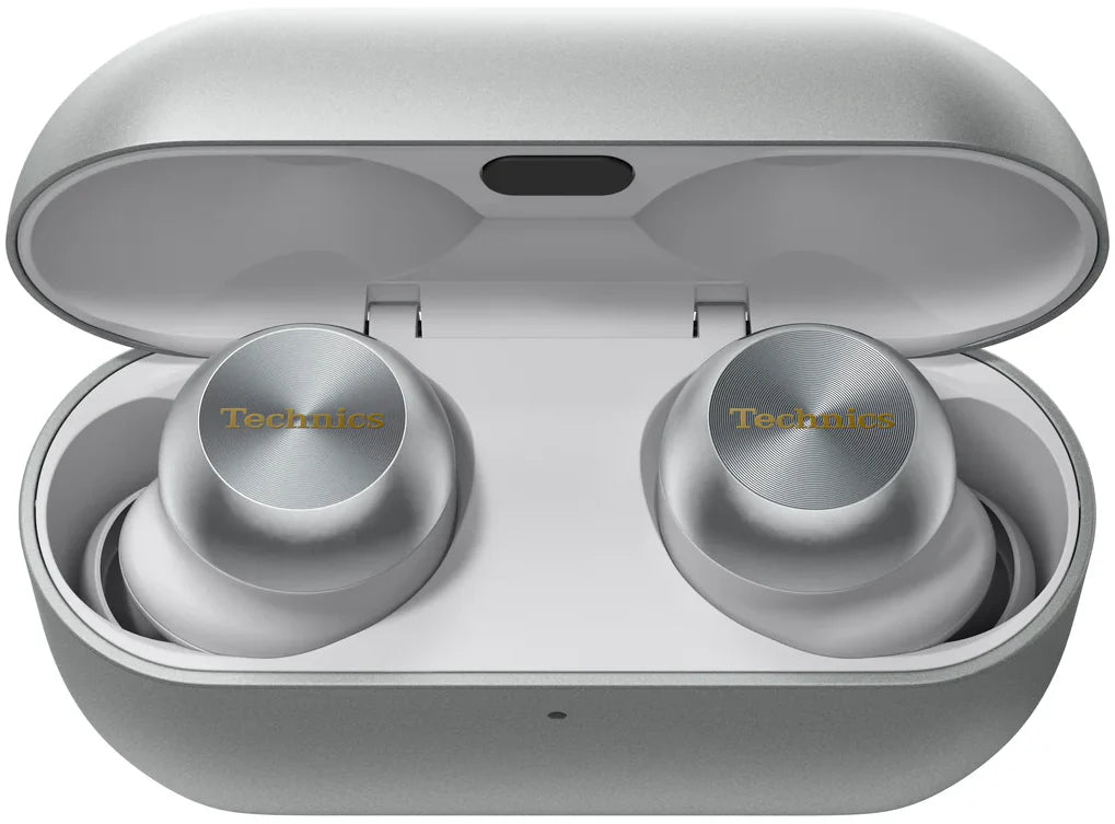 Technics EAH-AZ100 wireless in-ear headphones with silver earbuds inside an open charging case.