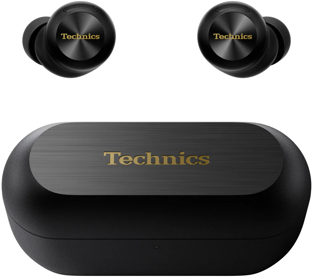 Technics EAH-AZ100 wireless in-ear headphones with black earbuds and charging case, shown from the front with earbuds out.