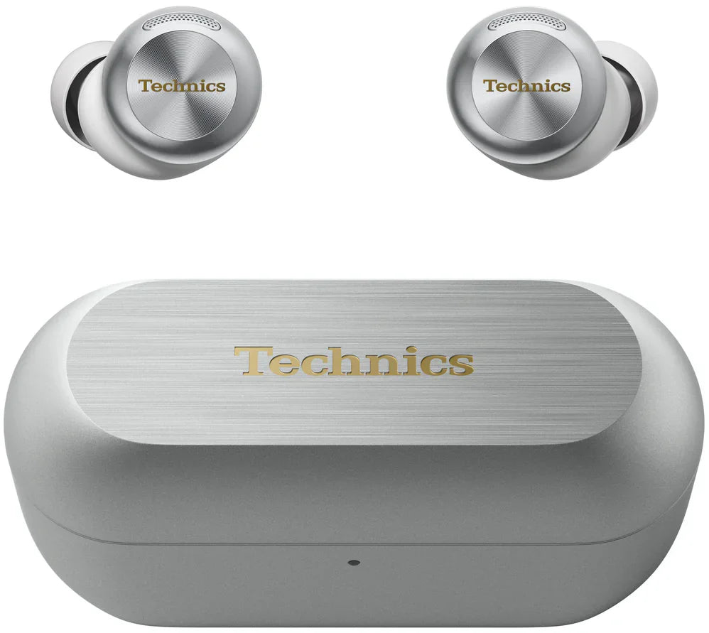 Silver Technics EAH-AZ100 wireless in-ear headphones with earbuds out and closed charging case, front view.