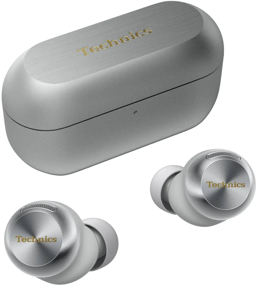 Technics EAH-AZ100 wireless in-ear headphones with silver earbuds resting outside closed charging case, sleek and modern design