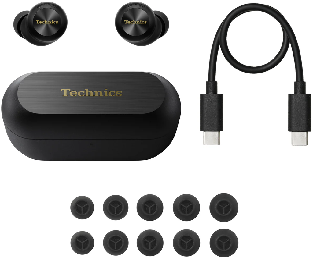 Technics EAH-AZ100 wireless in-ear headphones in black with charging case and accessories visible inside the box