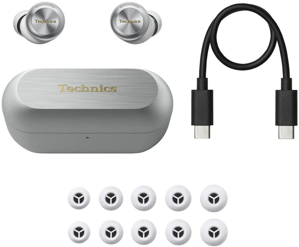 Silver Technics EAH-AZ100 wireless in-ear headphones with charging case and accessories visible in the box.