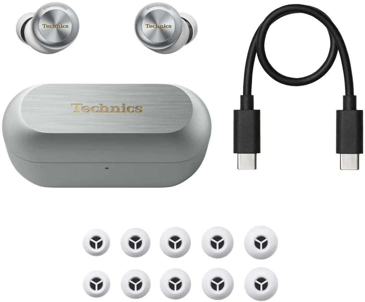 Silver Technics EAH-AZ100 wireless in-ear headphones with charging case and accessories visible in the box.