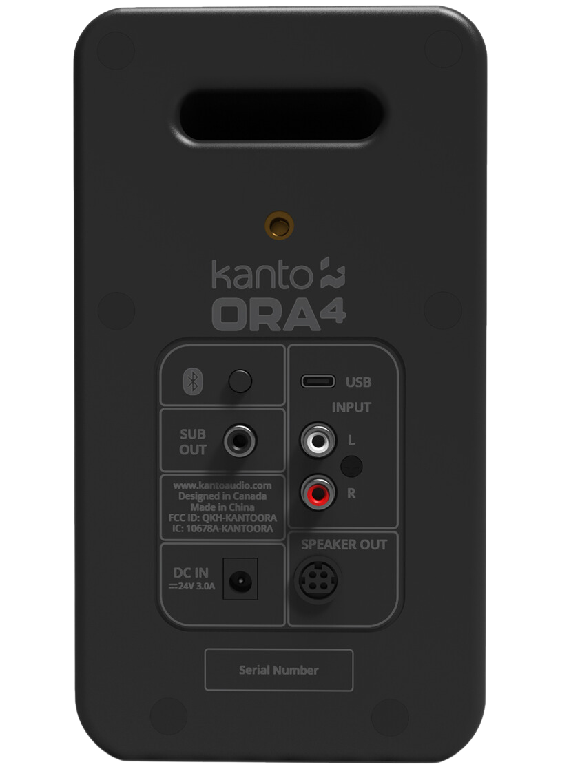 Kanto Audio Ora 4 desktop speakers with black finish, compact design, and front-facing controls for high-quality audio.