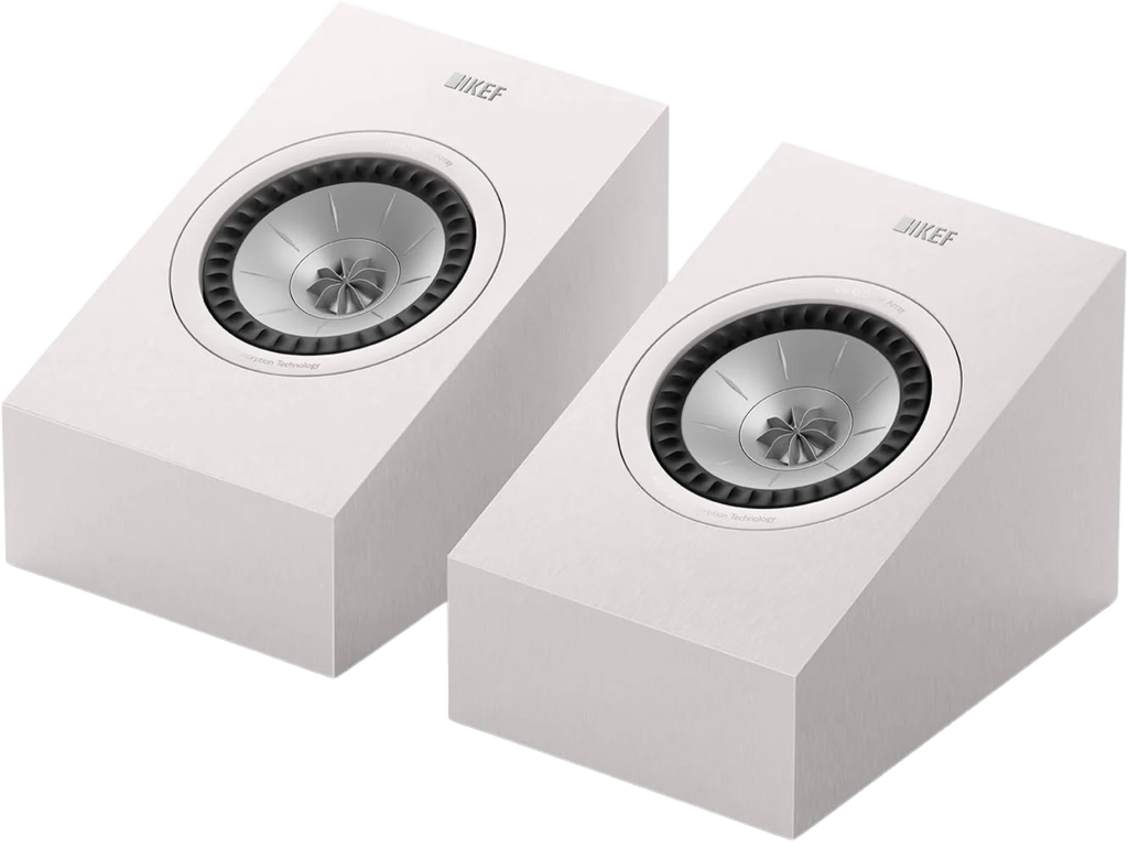 KEF Q8 Meta Dolby Atmos speakers showing sleek black design with drivers and mounting hardware for immersive audio setup.