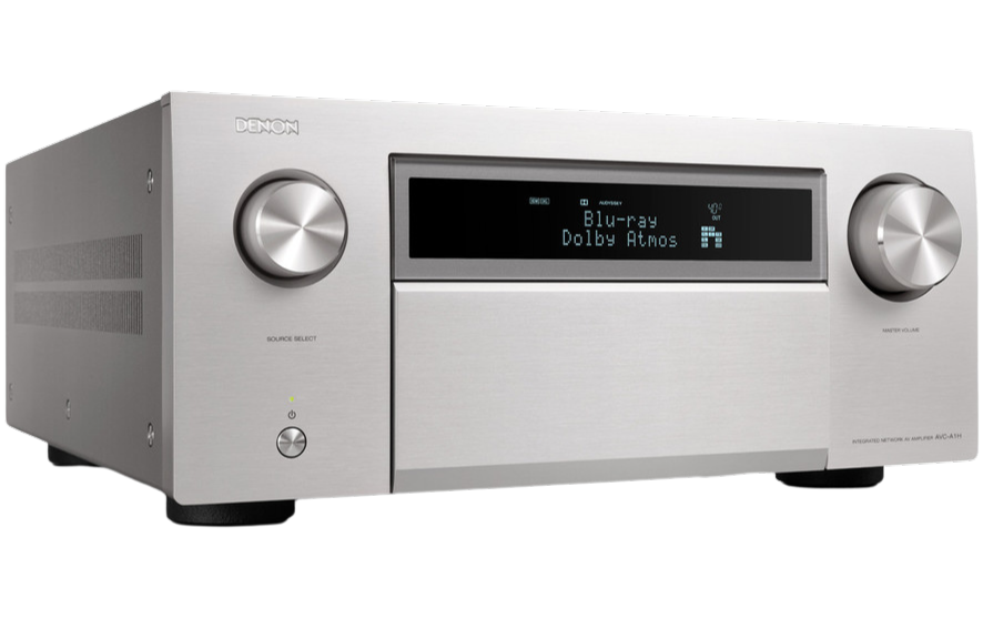 Denon AVC-A1H stereo amplifier with front panel controls, input options, and display screen, showcasing a high-end audio component.