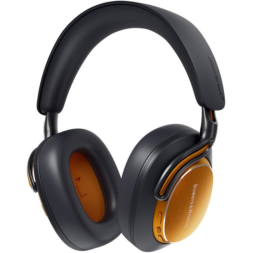 Bowers & Wilkins PX8 S2 McLaren Edition wireless headphones with sleek black design and McLaren branding.