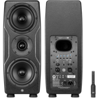 IK Multimedia iLoud Precision MTM MK2 active nearfield monitors with black speaker cabinets and detailed driver components.