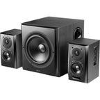 Edifier S351DB desktop speakers with a matching subwoofer, featuring black finish and modern design for home audio setup.