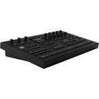 Elektron Analog Four MK2 synthesizer in black with control knobs, buttons, and display screen for versatile sound creation.