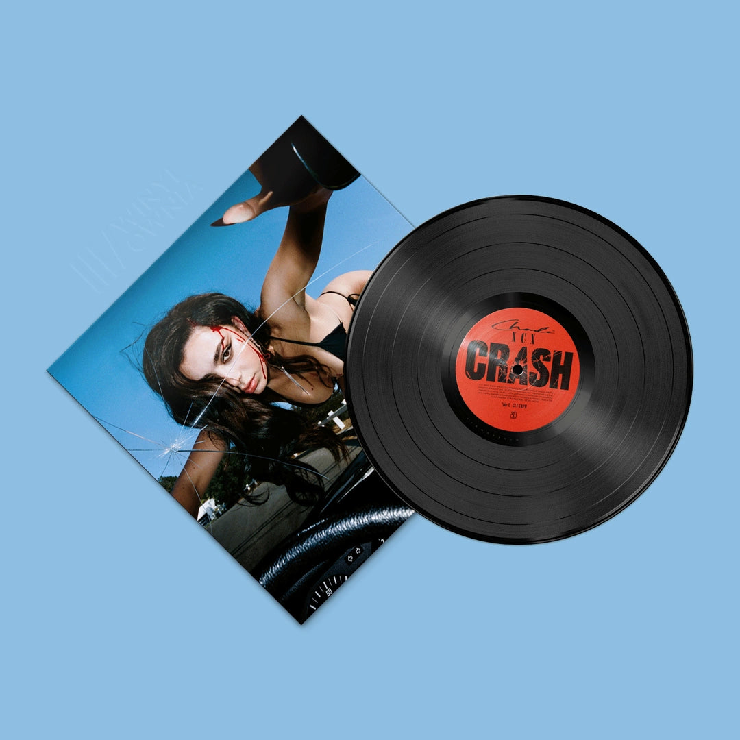 Charli XCX Crash vinyl LP in black, featuring album cover art, on a plain background, released by Asylum Records.