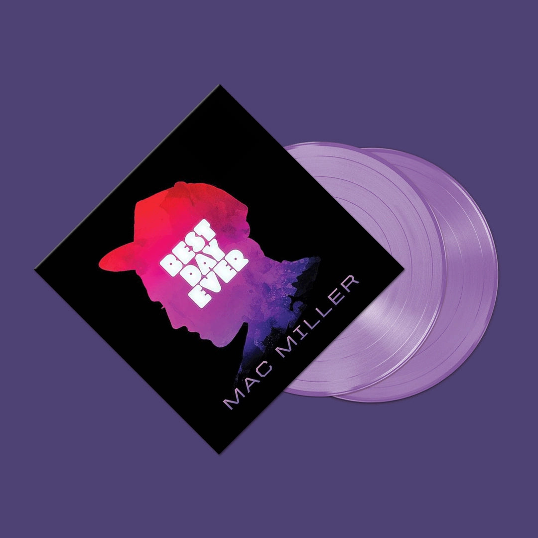 Lavender vinyl 2LP of Mac Miller's Best Day Ever album, hip-hop/rap/trap music, by Rostrum Records, shown in close-up image