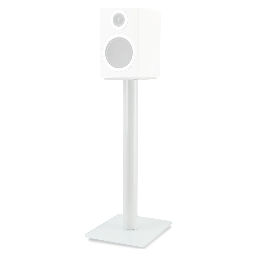 Essentials Monno 60 white stand holding a compact bookshelf speaker